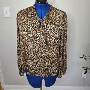 Rachel Zoe NWT Chic Leopard Print Tie-Neck Long Sleeve Blouse Size L